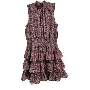 1.STATE Sleeveless Floral Smocked Mock Neck Tiered Ruffle Mini Dress Size L NWT